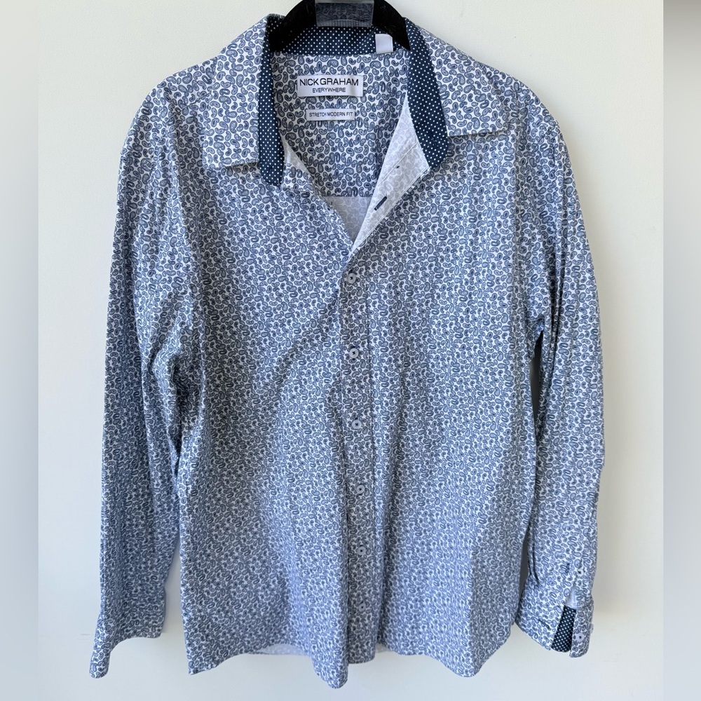 Nick Graham Everywhere Paisleys Stretch Modern Fit Dress Shirt Blue size large